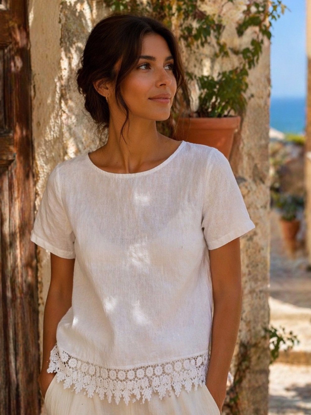 Terzo Millennio Italian Linen Lace Hem Top White Boho Coastal Summer Neutral L